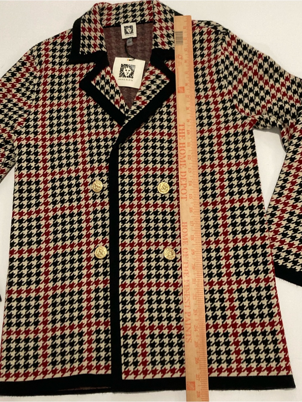 NWT Anne Klein Titan Red Black Houndstooth Open Front Gold Button Knit Blazer - Picture 6 of 16